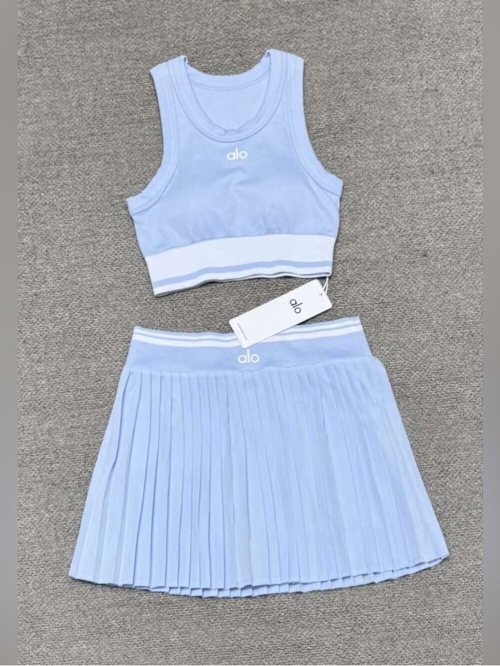 ALO Yoga Light Blue Tank Top and Pleated Skirt Set
